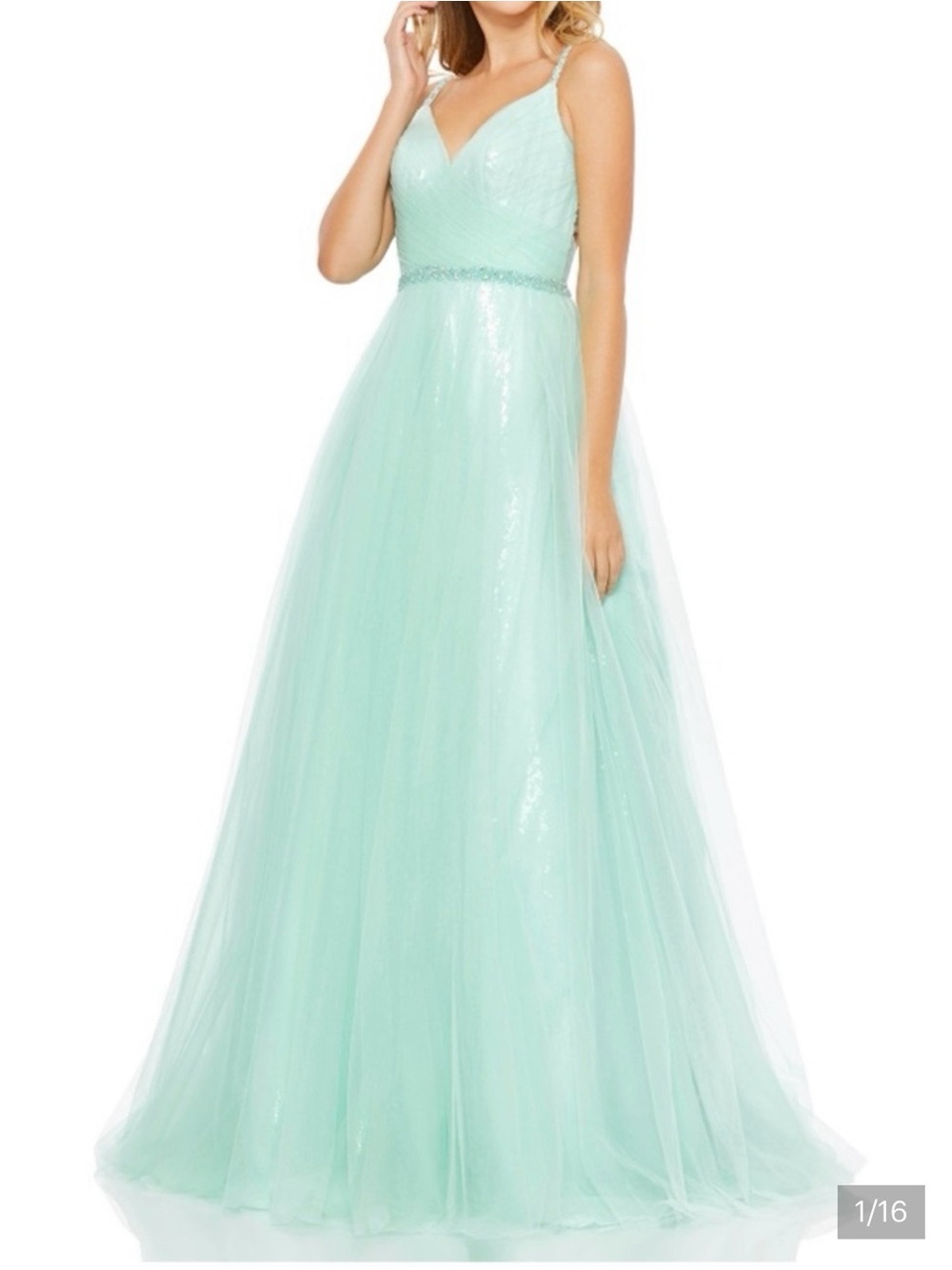 Mac Duggal Mint Green Beaded Waist Tulle Prom Gown